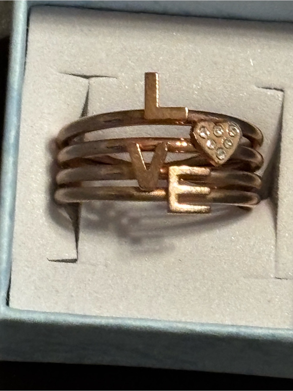 Rose Gold Tone "LOVE" Multi-Band Stackable Ring with Crystal Heart Size 9